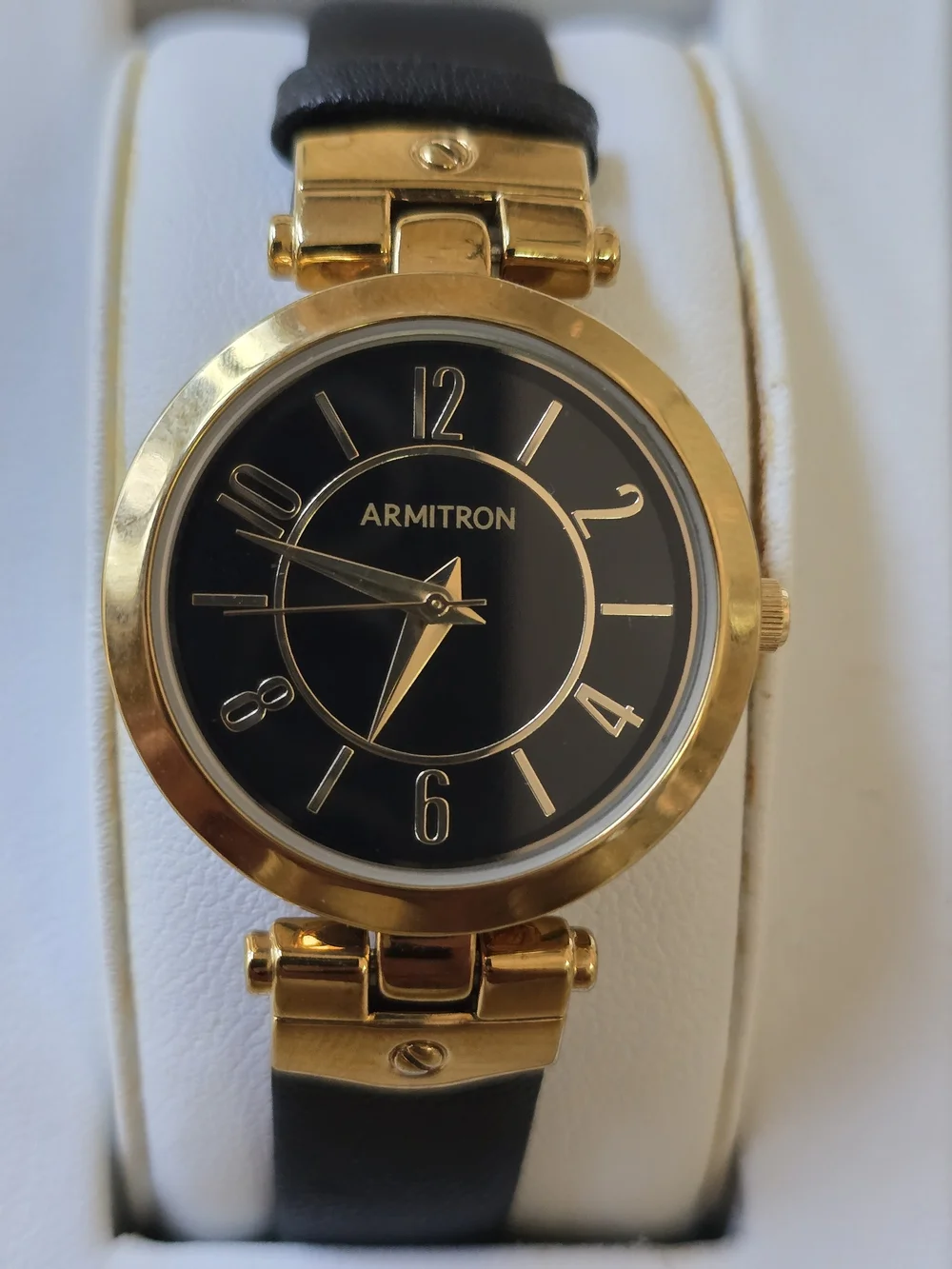 Armitron Gold-Tone Black Dial Leather Strap Watch